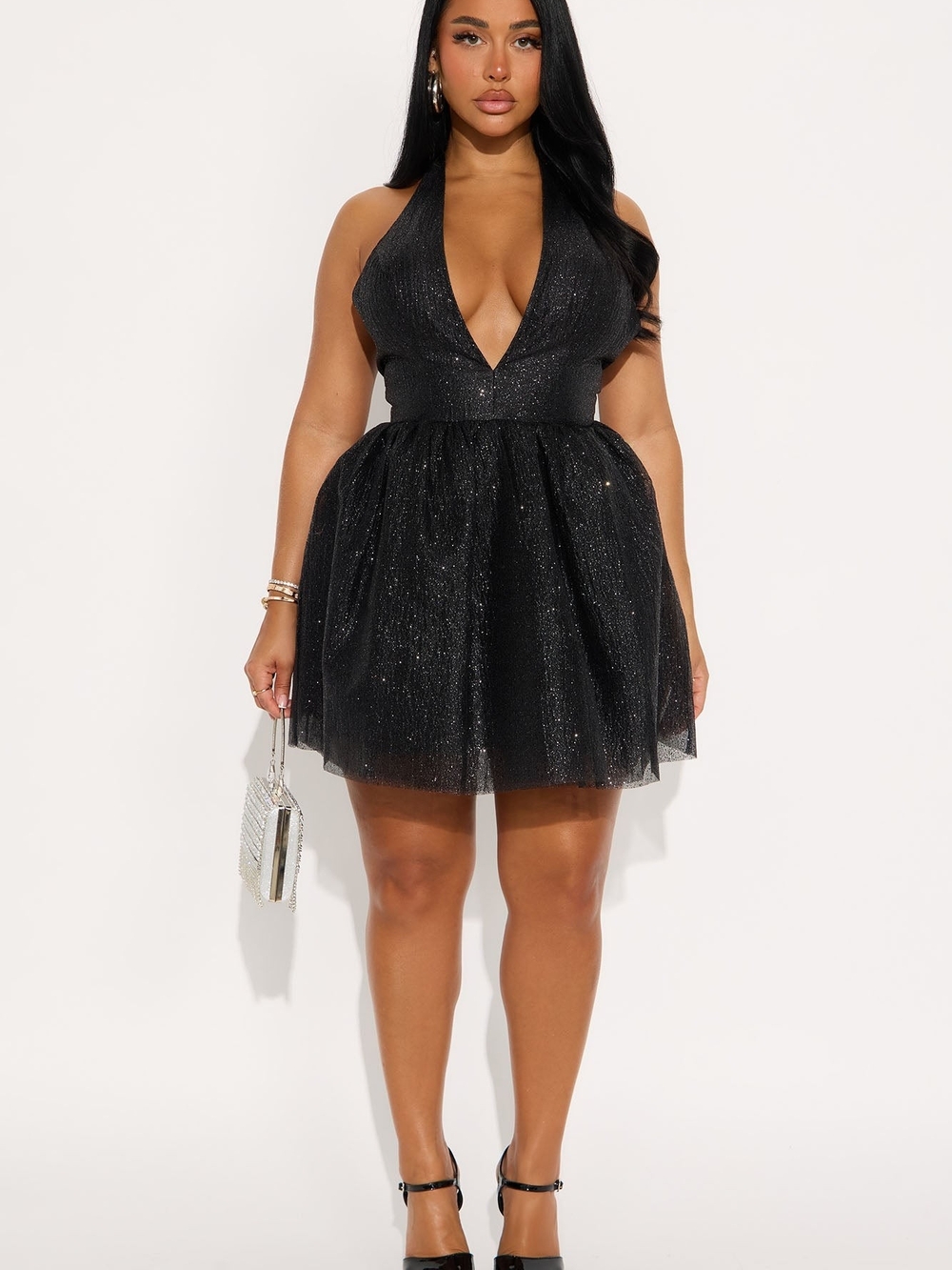 Black Glitter Halter Party Dress - Women